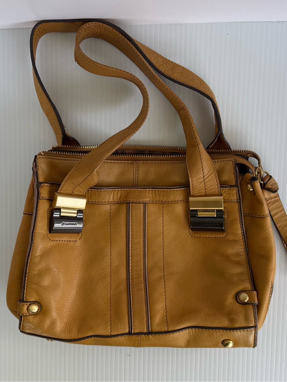 b. makowsky Mustard Leather Shoulder Bag with Gold Hardware